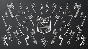 Set of hand drawn lightning on black background. vector