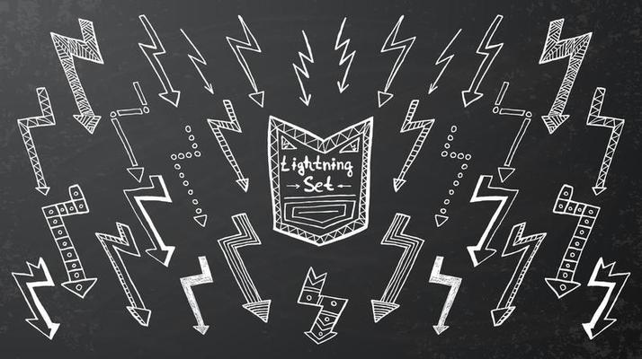Set of hand drawn lightning on black background.