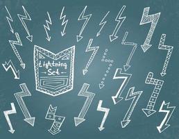 Set of hand drawn lightning on blue background. vector