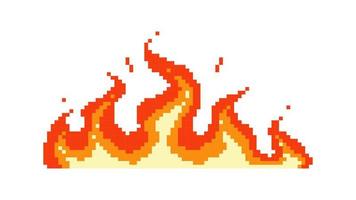 Big pixel flame. Wave napalm burning everything around fire with glowing yellow core red energy after powerful explosion with flying vector sparks.