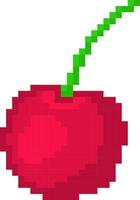 Ripe pixel cherry icon. Red berry with sour spicy taste green tail fresh natural vitamin for juice and decorating vector dessert