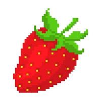 Ripe pixel strawberry. Red freshness berry with yellow vitamin seeds and green leaves natural sweet vector dessert