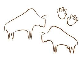 arte rupestre de siluetas de bisontes antiguos. toros de pastoreo prehistóricos dibujados en estilo minimalista gente primitiva con huellas vectoriales de palma vector