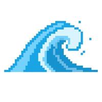 icono de onda de píxeles marinos. poderoso tsunami azul que se precipita hacia la orilla enormes olas de tormenta con espuma blanca y corriente alta para surfear vectores con éxito