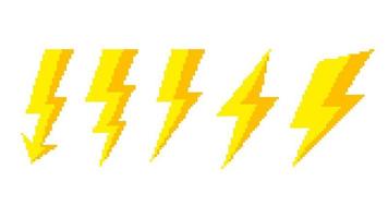 Thunderstorm pixel discharges. Lightning electrical flashes with geometric curves high voltage hazard and powerful vector