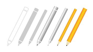 Pencils and their silhouettes set. Contour pen for writing and drawing divided into sections instrument for study and creative sketches on white vector background