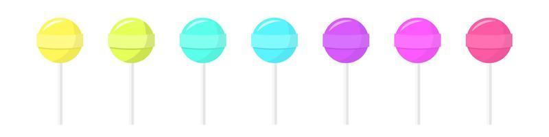 Multicolored round lollipops. Colorful caramel ball with strip on white leg bright candy with vector gum inside