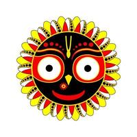 Smiling sun Jaganath. Happy yellow hindu red krishna avatar with big eyes traditional radha yatra celebration with jagantha puri travel of deities sacred worship and grand vector celebration