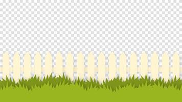 Rustic fence in green grass isolated template. White painted wooden picket fence drowned in dense bushes and weeds summer landscape cozy rural life vector