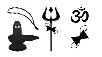Attributes for worship of mahadev shiva. Black lingam and weapon of hindu god Mahadev with rosary damaru drum attached to vector handle