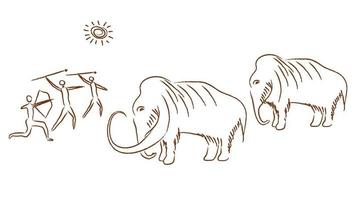 Primitive people hunt mammoth rock paintings illustration. Primitive bow and spear hunters attack ancient woolen elephants in light vector sun