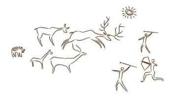 los prehistóricos cazan pinturas rupestres de ciervos. cazadores primitivos con flechas de arco a la luz del sol y con ayuda de perros que conducen animales vectoriales con cuernos. vector