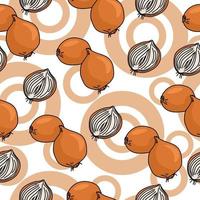 Onions whole and half seamless pattern, cooking bulbs and orange circles on white background vector