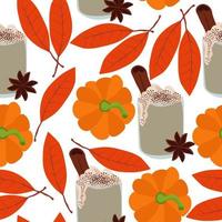 Pumpkin spices latte seamless pattern, glasses with a drink and autumn elements on a white background vector