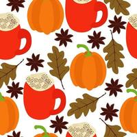 Pumpkin spice latte seamless pattern, bright cups and autumn elements on a white background vector