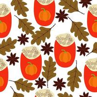 Pumpkin spices latte seamless pattern, bright cups with a drink and autumn elements on a white background vector