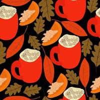 Pumpkin spice latte seamless pattern, bright cups with a drink and autumn elements on a black background vector