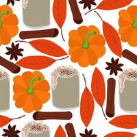 Pumpkin spices latte seamless pattern, glasses with a drink and autumn elements on a white background vector