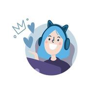 Girl Video gamer or streamer with blue hair sitting at PC and laughing. Flat style, blue and purple colors, design element.