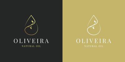 aceite de oliva de oro de lujo, gota, gota de agua y flor, hoja, vector de diseño de logotipo de hojas