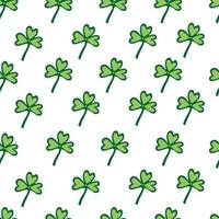 Seamless pattern with green clover leaves on white background. Vector illustration, flat design. Symbol of good luck, charm.