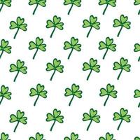 Seamless pattern with green clover leaves on white background. Vector illustration, flat design. Symbol of good luck, charm.