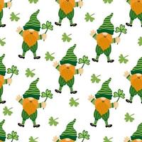 Seamless pattern with funny gnomes with leaves of clover for St. Patrick's Day on white background. Vector illustration, flat design