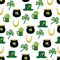 Seamless pattern with golden horseshoe, pots of gold, leprechaun hats and leaves of clover for St. Patrick's Day on white background. Vector illustration, flat design.