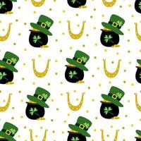 Seamless pattern with golden horseshoe, pots of gold, leprechaun hats and leaves of clover for St. Patrick's Day on white background. Vector illustration, flat design.