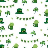 Seamless pattern with green garlands, leprechaun hats, leaves of clover, green beer for St. Patrick's Day on white background. Vector illustration, flat design