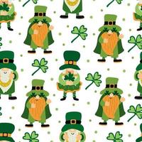 Seamless pattern with funny gnomes and leaves of clover  for St. Patrick's Day on white background. Vector illustration, flat design