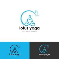 diseño de stock de logotipo de yoga. meditación humana en la ilustración de vector de flor de loto en color púrpura