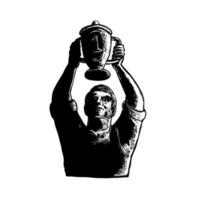 Worker Lifting Championship Cup Scratchboard vector