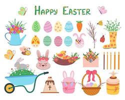 Easter color cartoon flat illustration, object and cute characters set. Illustration for backgrounds, packaging, greeting cards, textile and seasonal design. Isolated on white background. vector