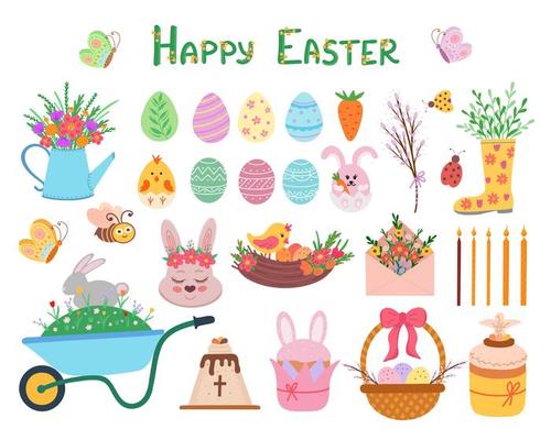 Easter color cartoon flat illustration, object and cute characters set. Illustration for backgrounds, packaging, greeting cards, textile and seasonal design. Isolated on white background.