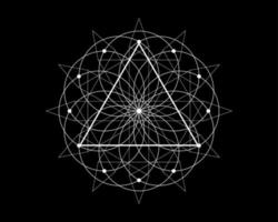Sacred Geometry magic triangle symbol, third Eye sign. Geometric mystic mandala of alchemy esoteric Flower of Life. White line art vector circle divine meditative amulet isolated on black background