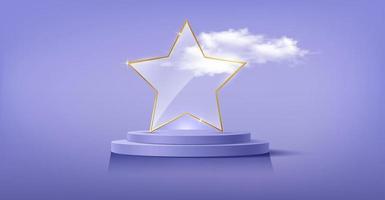 glass trophy award with gold star frame in 3d platform studio display. Fashion Pedestal floor. Luxury Stage showcase podium, vector illustration purple background and fluffy clouds