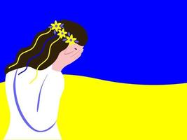 A Ukrainian girl in profile covered her face with her hands, crying against the background of a blue-yellow flag. The concept of aggression, compensation, war. Vector graphics.