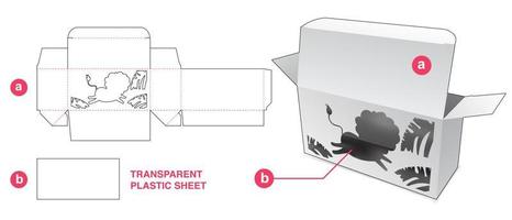 caja con león en la ventana de la jungla y plantilla troquelada de lámina de plástico transparente vector