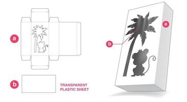 caja con ventana de mono y palma y plantilla troquelada de lámina de plástico transparente vector