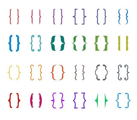 Different curly braces colored icon set. Modern and vintage brackets lines and symbol collection for typing or typography. Ornament and vector eps design elements concept for messages and quotes