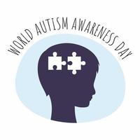 World Autism Awareness Day banner.  Puzzles halves and  baby head. Symbol of autism. vector