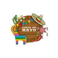Cinco de mayo background with wooden sign board and mexican elements vector