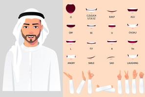 animación de boca de personaje de hombre árabe y tenía gestos para animación y sincronización de labios, hombre de negocios con tela blanca y turbante vector