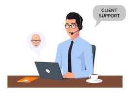 Customer Service Man with Headphones and Microphone with Laptop Illustration Concept for Support and Call center vector