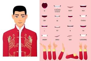 hombre chino en traje tang sincronización de labios y animación de boca con expresiones y gestos con las manos vector