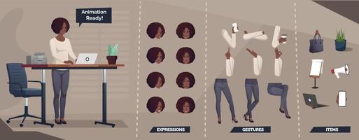 conjunto de caracteres de negocios para animación con ilustración de mujer negra vector
