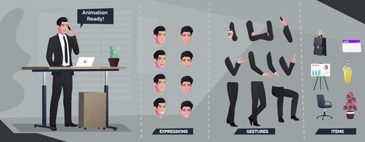 Business Character Set For Animation with Man Standing and Various Separate Body Parts Vector Illustration