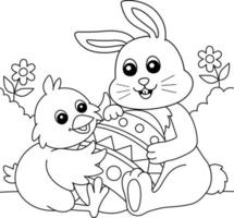 conejo y pollito abrazando un huevo de pascua para colorear vector