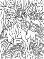 Fairy Riding Unicorn Coloring Page for Adults vector